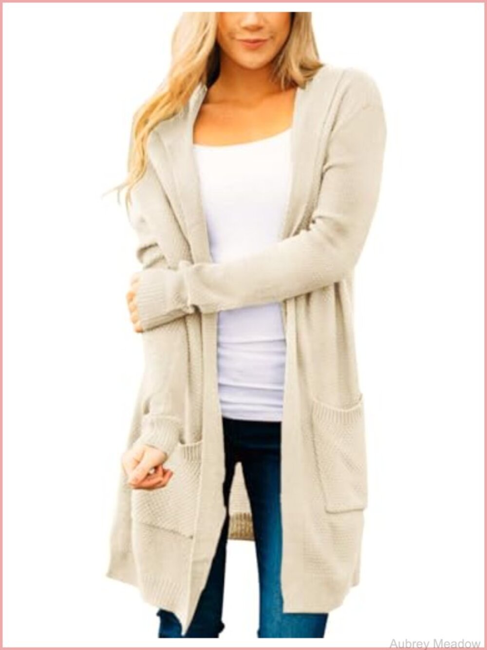 Womens hooded long sleeve open front waffle knit cardigan pockets